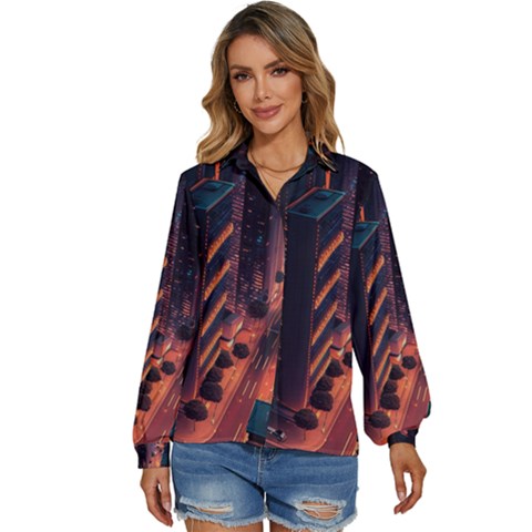 Abstract Landscape Landmark Town City Cityscape Women s Long Sleeve Button Up Shirt by Vaneshop