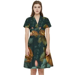 Floral Flower Blossom Turquoise Short Sleeve Waist Detail Dress by Vaneshop