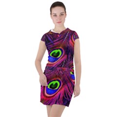 Peacock Feathers Color Plumage Drawstring Hooded Dress by Celenk