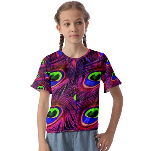 Peacock Feathers Color Plumage Kids  Cuff Sleeve Scrunch Bottom Tee by Celenk