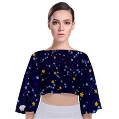 Seamless-pattern-with-cartoon-zodiac-constellations-starry-sky Tie Back Butterfly Sleeve Chiffon Top by uniart180623