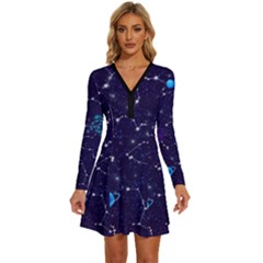 Realistic-night-sky-poster-with-constellations Long Sleeve Deep V Mini Dress  by uniart180623