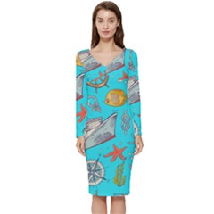 Colored-sketched-sea-elements-pattern-background-sea-life-animals-illustration Long Sleeve V-neck Bodycon Dress  by uniart180623