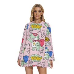 Seamless-pattern-with-many-funny-cute-superhero-dinosaurs-t-rex-mask-cloak-with-comics-style-inscrip Round Neck Long Sleeve Bohemian Style Chiffon Mini Dress by uniart180623