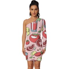 Tomato-seamless-pattern-juicy-tomatoes-food-sauce-ketchup-soup-paste-with-fresh-red-vegetables Long Sleeve One Shoulder Mini Dress by uniart180623