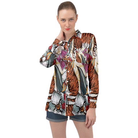 Natural-seamless-pattern-with-tiger-blooming-orchid Long Sleeve Satin Shirt by uniart180623