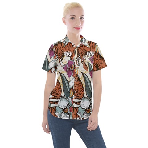 Natural-seamless-pattern-with-tiger-blooming-orchid Women s Short Sleeve Pocket Shirt by uniart180623