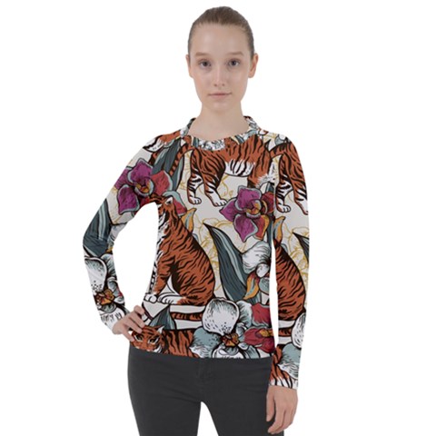 Natural-seamless-pattern-with-tiger-blooming-orchid Women s Pique Long Sleeve Tee by uniart180623