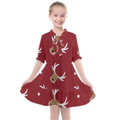 Cute-reindeer-head-with-star-red-background Kids  All Frills Chiffon Dress by uniart180623