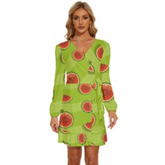 Seamless-background-with-watermelon-slices Long Sleeve Waist Tie Ruffle Velvet Dress by uniart180623