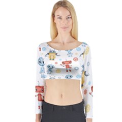 Cute-cartoon-robots-seamless-pattern Long Sleeve Crop Top by uniart180623