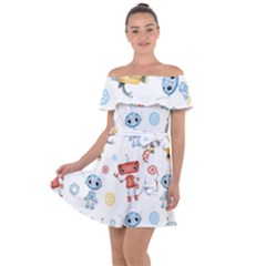 Cute-cartoon-robots-seamless-pattern Off Shoulder Velour Dress by uniart180623