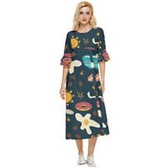 Seamless-pattern-with-breakfast-symbols-morning-coffee Double Cuff Midi Dress by uniart180623