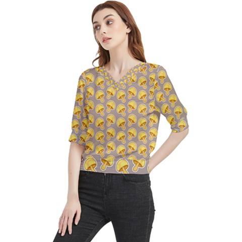 Yellow-mushroom-pattern Quarter Sleeve Blouse by uniart180623