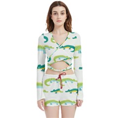 Cute-cartoon-alligator-kids-seamless-pattern-with-green-nahd-drawn-crocodiles Velvet Wrap Crop Top And Shorts Set by uniart180623