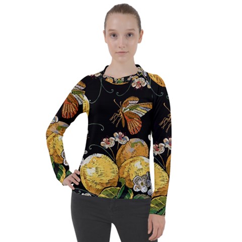 Embroidery-blossoming-lemons-butterfly-seamless-pattern Women s Pique Long Sleeve Tee by uniart180623