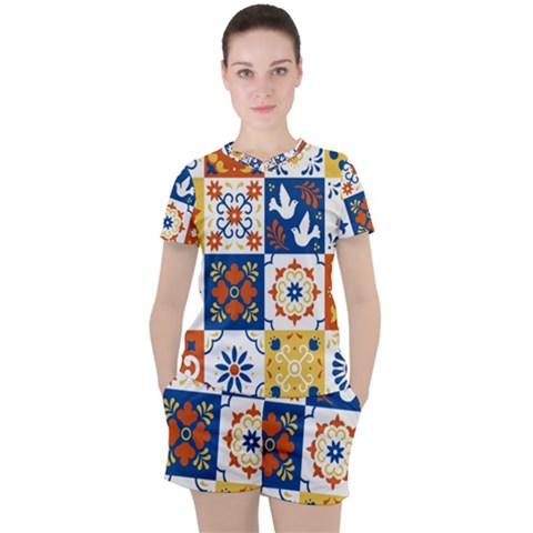 Mexican-talavera-pattern-ceramic-tiles-with-flower-leaves-bird-ornaments-traditional-majolica-style- Women s Tee And Shorts Set by uniart180623