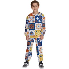 Mexican-talavera-pattern-ceramic-tiles-with-flower-leaves-bird-ornaments-traditional-majolica-style- Kids  Sweatshirt Set by uniart180623