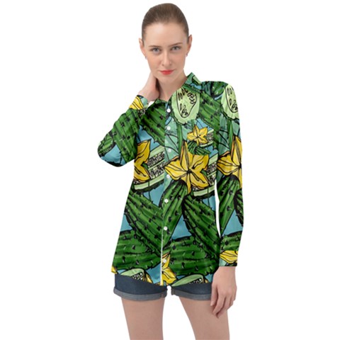 Seamless-pattern-with-cucumber-slice-flower-colorful-hand-drawn-background-with-vegetables-wallpaper Long Sleeve Satin Shirt by uniart180623