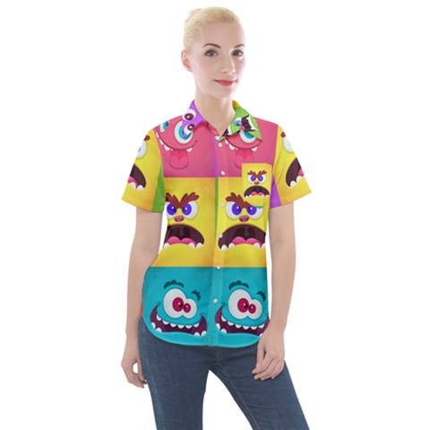 Monsters-emotions-scary-faces-masks-with-mouth-eyes-aliens-monsters-emoticon-set Women s Short Sleeve Pocket Shirt by uniart180623