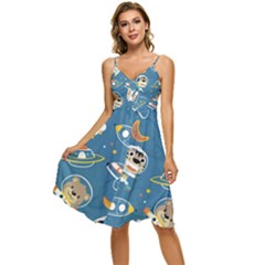 Seamless-pattern-funny-astronaut-outer-space-transportation Sleeveless Tie Front Chiffon Dress by uniart180623