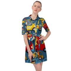 Seamless-pattern-vehicles-cartoon-with-funny-drivers Belted Shirt Dress by uniart180623