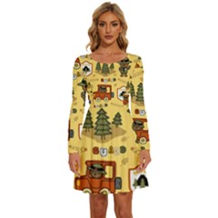 Seamless-pattern-funny-ranger-cartoon Long Sleeve Wide Neck Velvet Dress by uniart180623