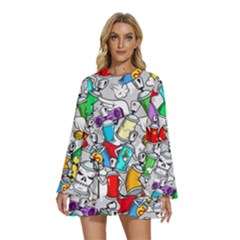 Graffiti-characters-seamless-pattern Round Neck Long Sleeve Bohemian Style Chiffon Mini Dress by uniart180623