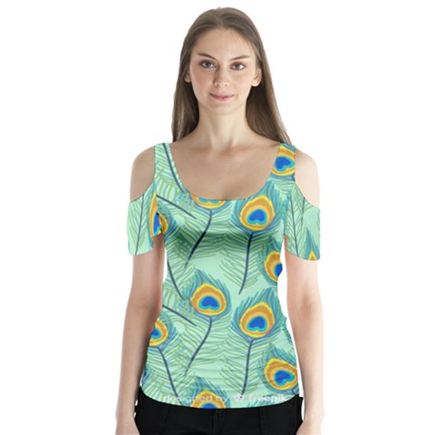 Lovely-peacock-feather-pattern-with-flat-design Butterfly Sleeve Cutout Tee  by uniart180623