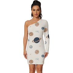 Space Planets Art Pattern Design Wallpaper Long Sleeve One Shoulder Mini Dress by uniart180623