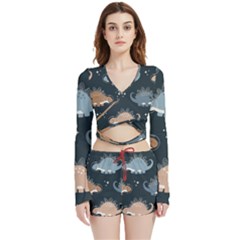 Dino Art Pattern Design Wallpaper Background Velvet Wrap Crop Top And Shorts Set by uniart180623