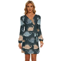 Dino Art Pattern Design Wallpaper Background Long Sleeve Waist Tie Ruffle Velvet Dress by uniart180623