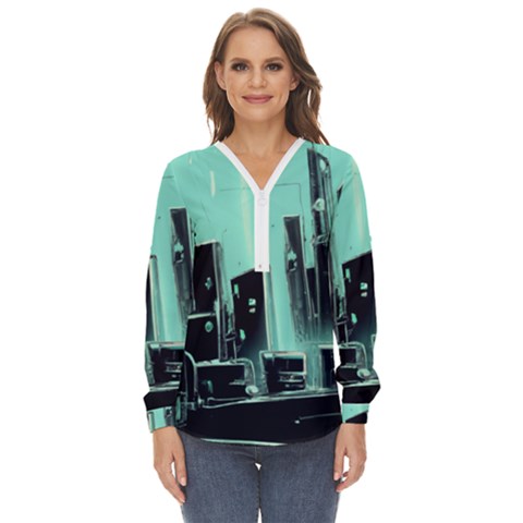 Buildings City Urban Destruction Background Zip Up Long Sleeve Blouse by uniart180623