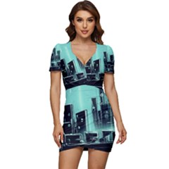 Buildings City Urban Destruction Background Low Cut Cap Sleeve Mini Dress by uniart180623