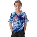 Storm Tsunami Waves Ocean Sea Nautical Nature Kids  V-Neck Horn Sleeve Blouse View1