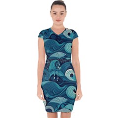 Waves Ocean Sea Abstract Whimsical Abstract Art Capsleeve Drawstring Dress  by uniart180623