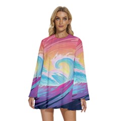 Waves Ocean Sea Tsunami Nautical Round Neck Long Sleeve Bohemian Style Chiffon Mini Dress by uniart180623