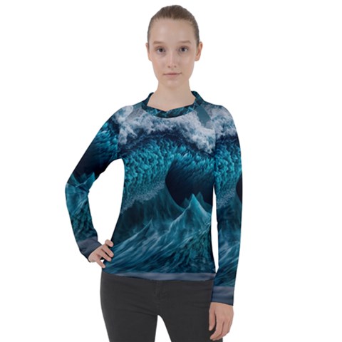 Tsunami Waves Ocean Sea Water Rough Seas Women s Pique Long Sleeve Tee by uniart180623