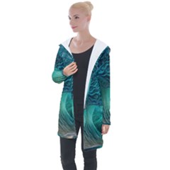 Tsunami Waves Ocean Sea Water Rough Seas Longline Hooded Cardigan by uniart180623