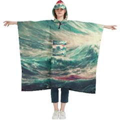 Storm Tsunami Waves Ocean Sea Nautical Nature Painting Women s Hooded Rain Ponchos by uniart180623