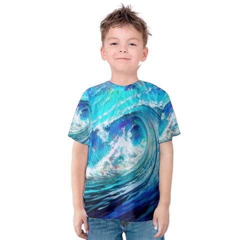 Tsunami Waves Ocean Sea Nautical Nature Water Painting Kids  Cotton Tee by uniart180623