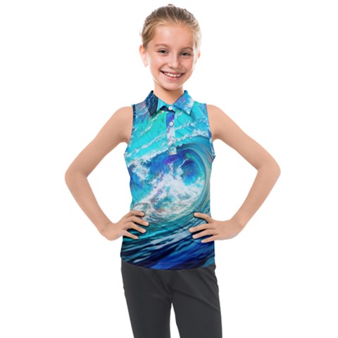 Tsunami Waves Ocean Sea Nautical Nature Water Painting Kids  Sleeveless Polo Tee by uniart180623