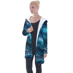 Tsunami Waves Ocean Sea Water Rough Seas Longline Hooded Cardigan by uniart180623