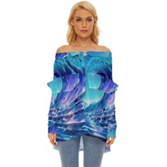 Tsunami Tidal Wave Ocean Waves Sea Nature Water Blue Off Shoulder Chiffon Pocket Shirt by uniart180623