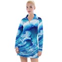 Tsunami Tidal Wave Ocean Waves Sea Nature Water Blue Painting Women s Long Sleeve Casual Dress View1