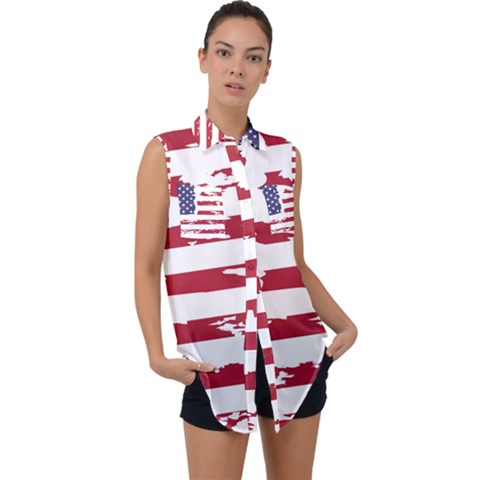 Flag Usa Unite Stated America Sleeveless Chiffon Button Shirt by uniart180623