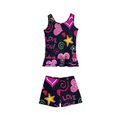 Multicolored Love Hearts Kiss Romantic Pattern Kids  Boyleg Swimsuit by uniart180623