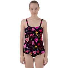 Multicolored Love Hearts Kiss Romantic Pattern Twist Front Tankini Set by uniart180623