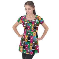 Cat Funny Colorful Pattern Puff Sleeve Tunic Top by uniart180623