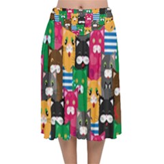 Cat Funny Colorful Pattern Velvet Flared Midi Skirt by uniart180623